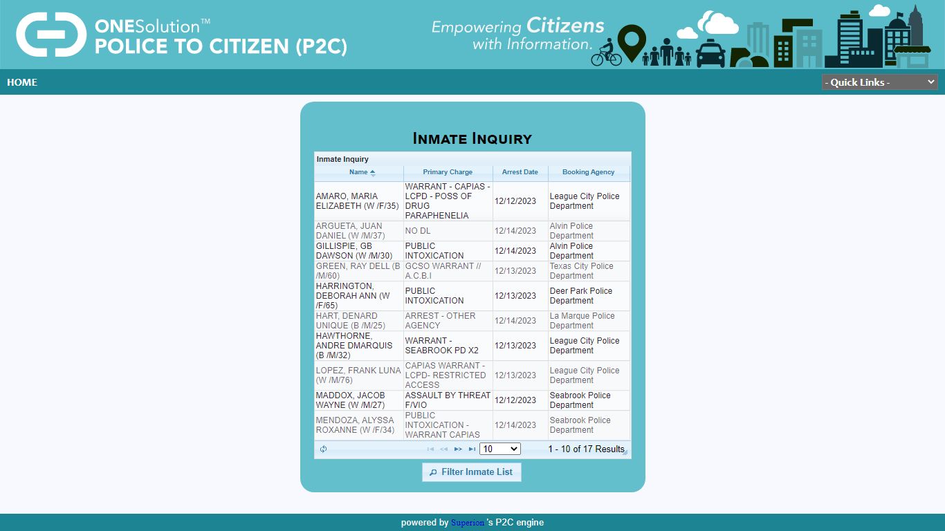 Inmate Inquiry - League City / Webster / Nassau Bay / Friendswood ...